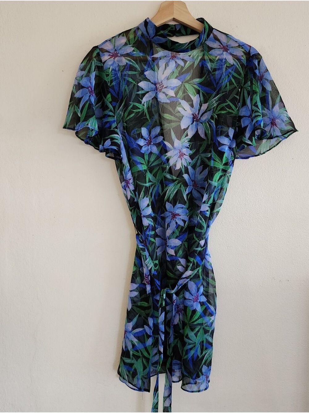 Forever 21 Sheer Floral Mock Neck Open Back Tie Waist Mini Dress - Picture 5 of 15